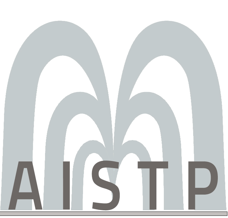 logo Aistp di una fontana stilizzata grigia, fatta da 6 getti d'acqua, 3 a destra e 3 a sinistra, con davanti scritto AISTP